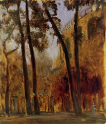 Uitzicht op de Arcade Muur van de Henschel Tuinen vanuit Karlsaue, Kassel